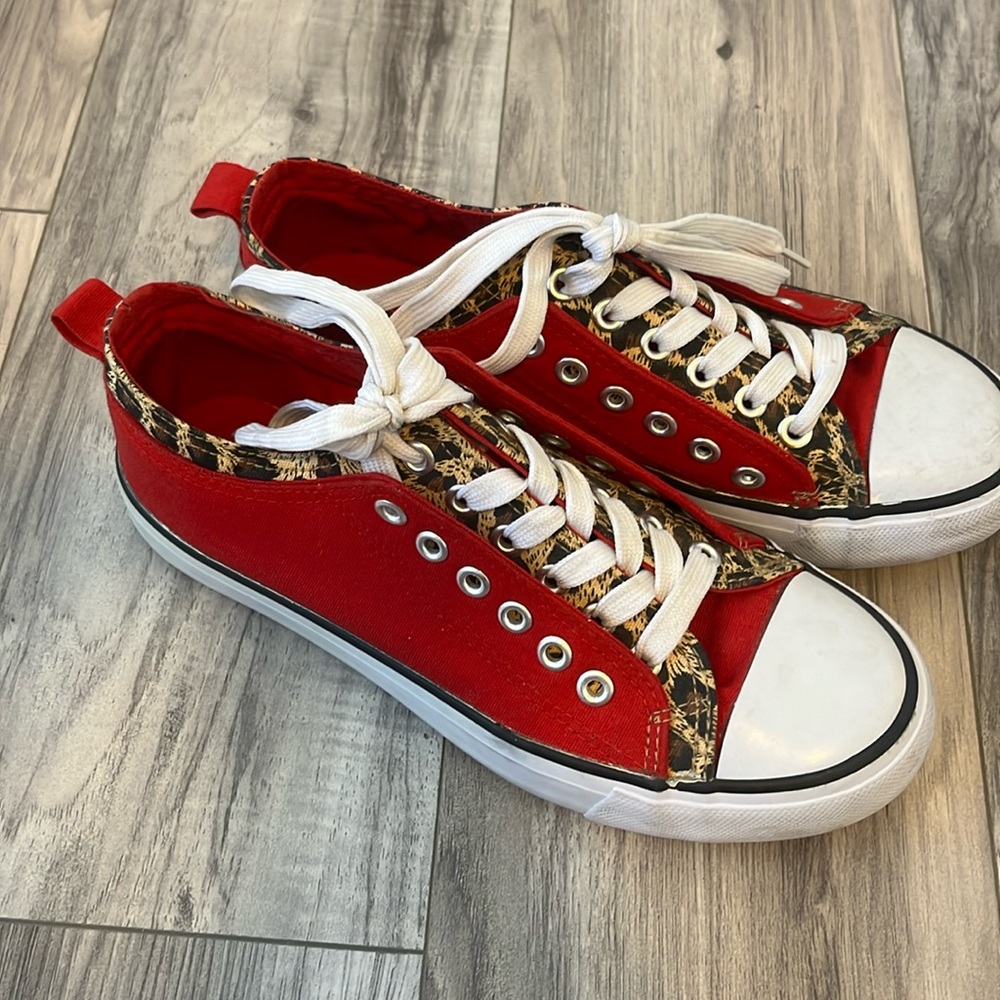 Women’s Faux Converse Style Shoe Red and Leopard Print